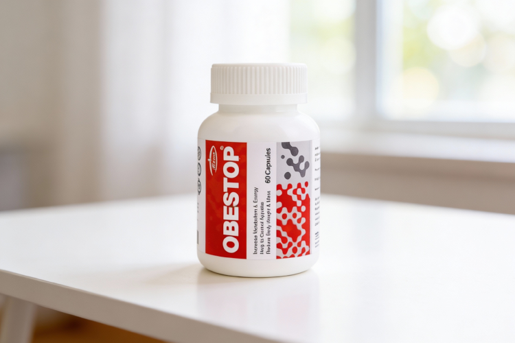 بطری قرص ابستاپ روی میز سفید برای کاهش وزن